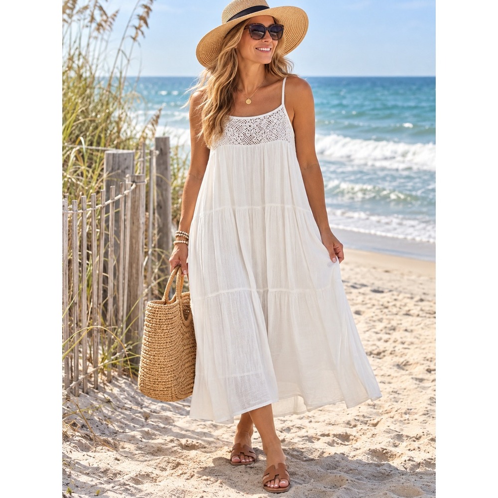 Gap Tiered Midi Dress XL White Crochet Lace Gauze Sleeveless Pockets New